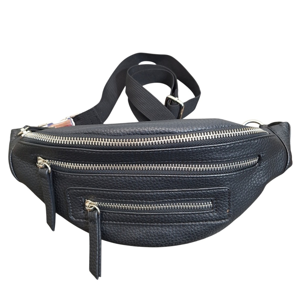 Wild Fable Black Pebbled Faux Leather Fanny Pack Belt Bag Silver Chain Detail